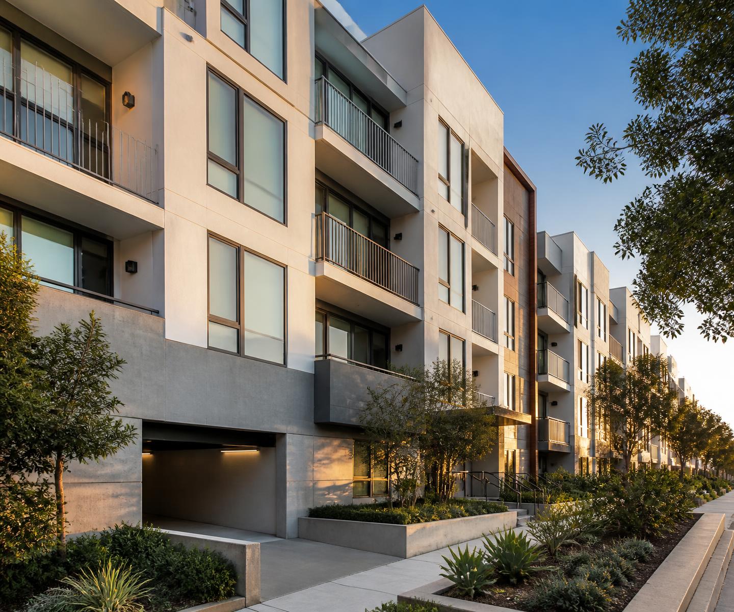 Modern multifamily property in warm evening light